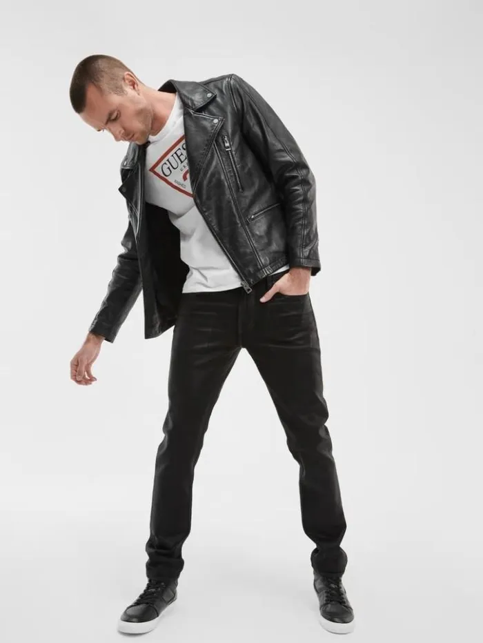Men GUESS Jeans and Denim Coated Tapered Jeans Jet Black Coated