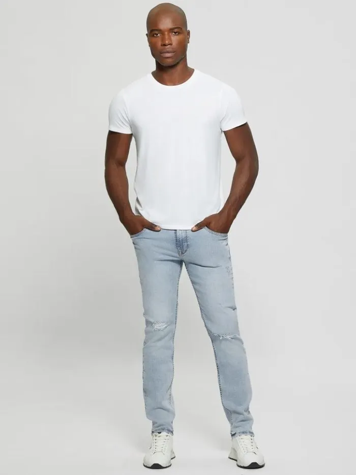 Men GUESS Jeans and Denim Distressed LowRise Slim Straight Jeans Light Sail