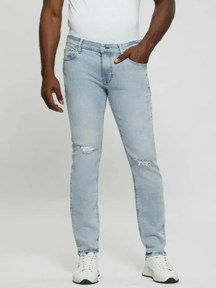 Men GUESS Jeans and Denim Distressed LowRise Slim Straight Jeans Light Sail