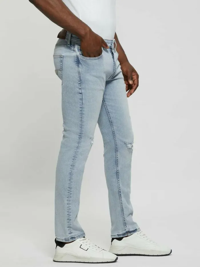 Men GUESS Jeans and Denim Distressed LowRise Slim Straight Jeans Light Sail