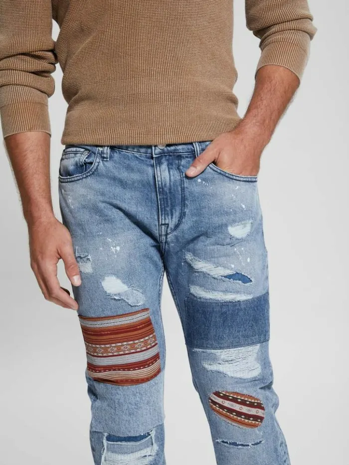 Men GUESS Jeans and Denim Distressed Patch Straight Jeans Mesa Pop