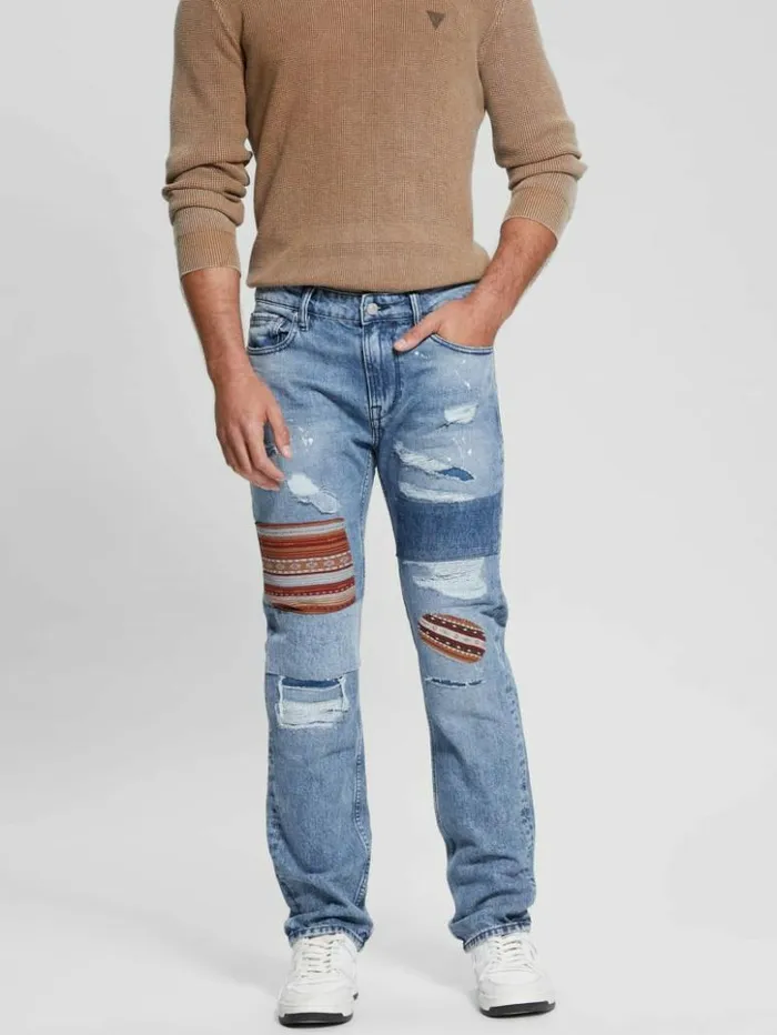 Men GUESS Jeans and Denim Distressed Patch Straight Jeans Mesa Pop