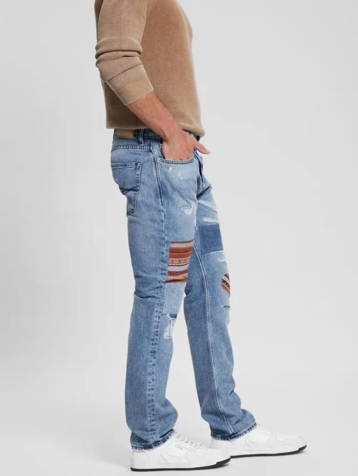 Men GUESS Jeans and Denim Distressed Patch Straight Jeans Mesa Pop