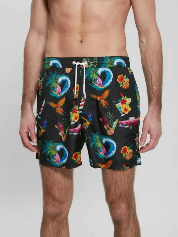 Men GUESS Pants and Shorts Eco Hawaii Woven Swim Trunks Hawaii Black Print