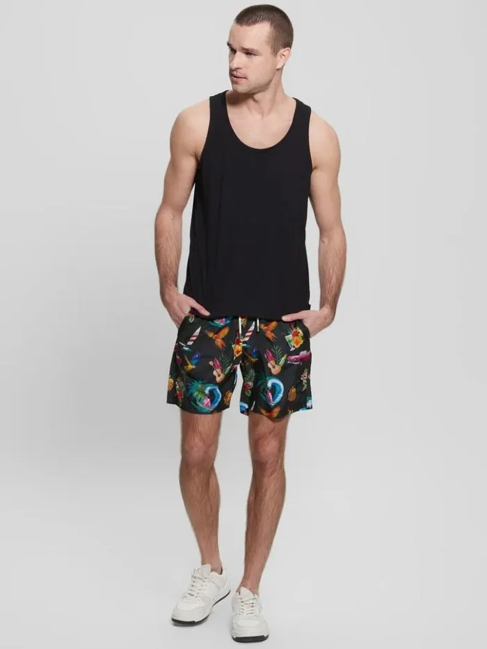 Men GUESS Pants and Shorts Eco Hawaii Woven Swim Trunks Hawaii Black Print