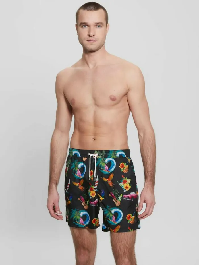 Men GUESS Pants and Shorts Eco Hawaii Woven Swim Trunks Hawaii Black Print
