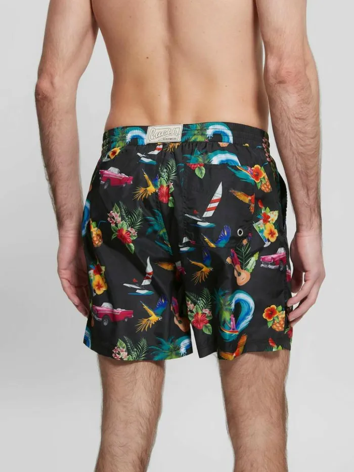 Men GUESS Pants and Shorts Eco Hawaii Woven Swim Trunks Hawaii Black Print