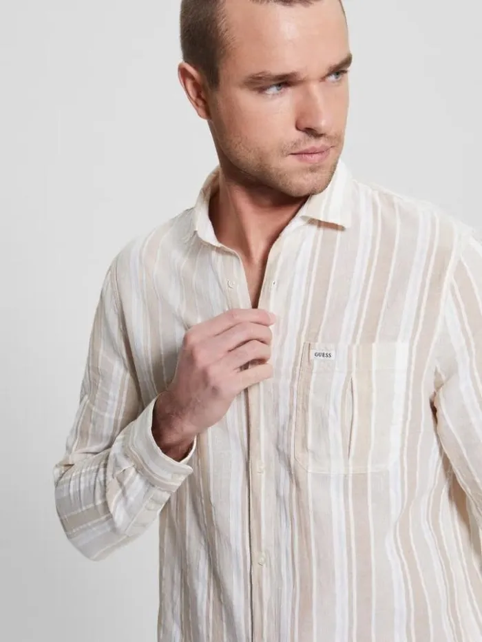 Men GUESS Shirts Collins Striped Pocket Shirt Beige Slub Stripe