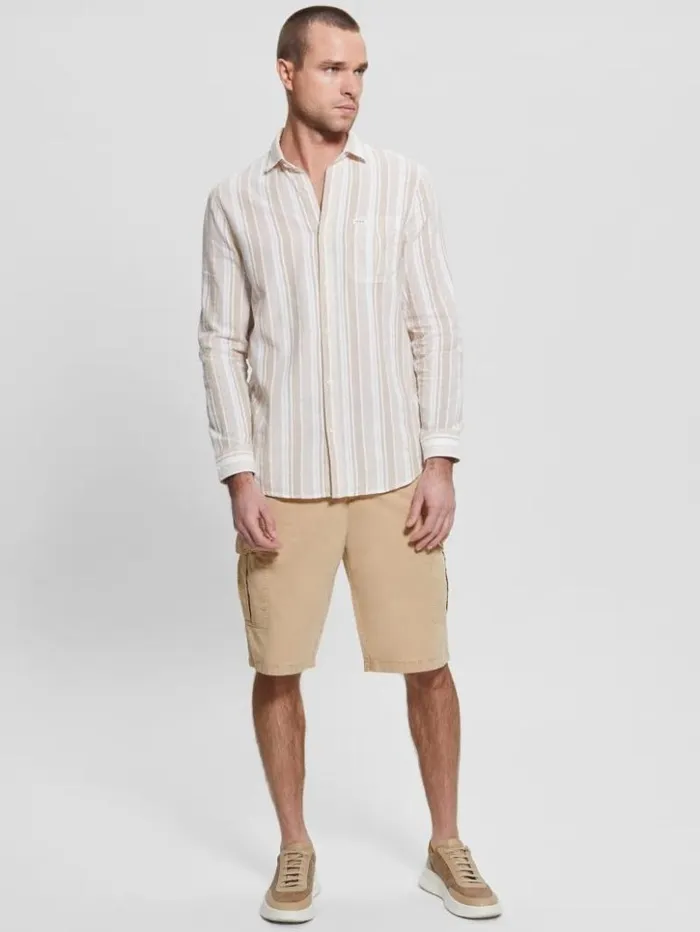 Men GUESS Shirts Collins Striped Pocket Shirt Beige Slub Stripe