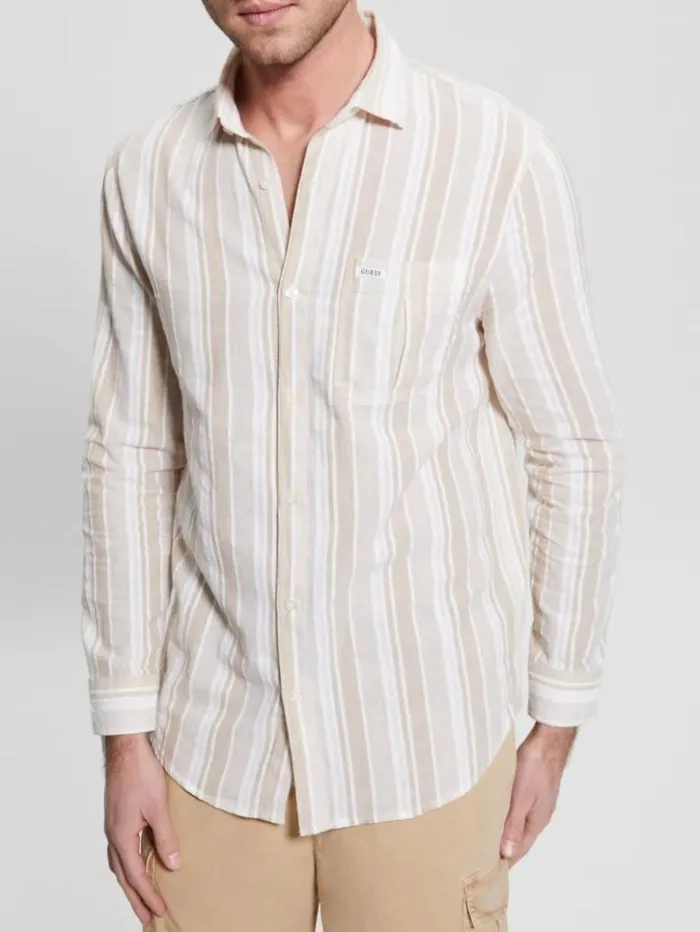 Men GUESS Shirts Collins Striped Pocket Shirt Beige Slub Stripe