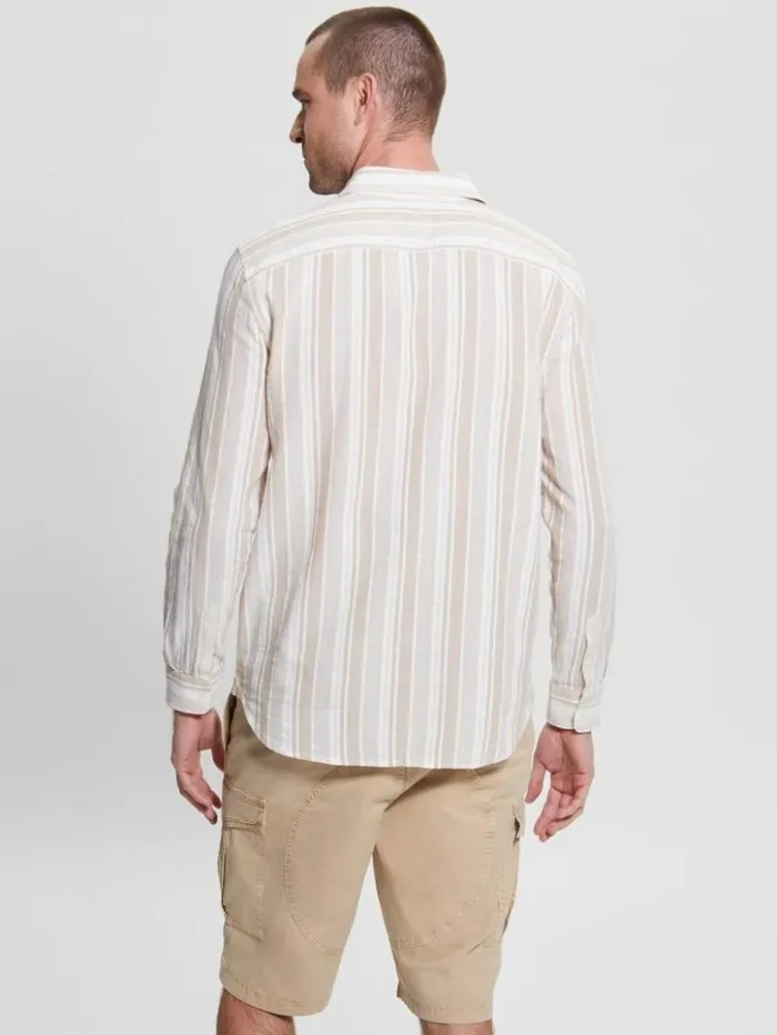 Men GUESS Shirts Collins Striped Pocket Shirt Beige Slub Stripe