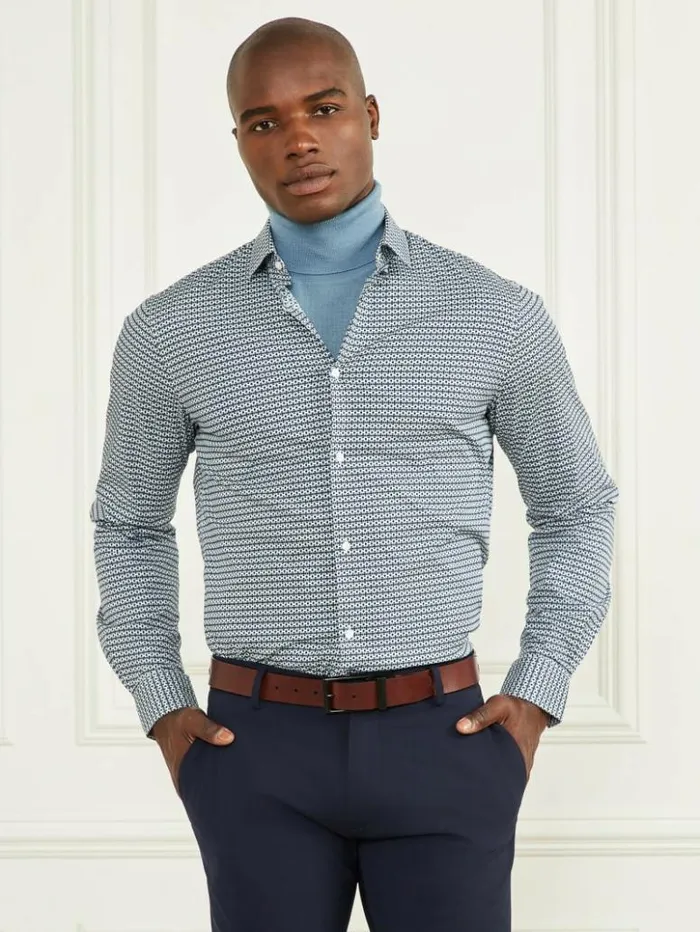 Men GUESS Shirts Eco Benny New Collar Paul Shirt Blue 70s Pattern Print