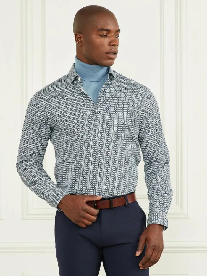 Men GUESS Shirts Eco Benny New Collar Paul Shirt Blue 70s Pattern Print