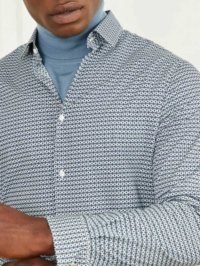 Men GUESS Shirts Eco Benny New Collar Paul Shirt Blue 70s Pattern Print