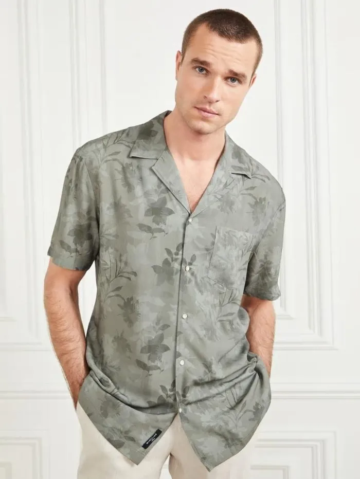Men GUESS Shirts Eco Billy Bowling Shirt Mossy Green Flower Mimeti