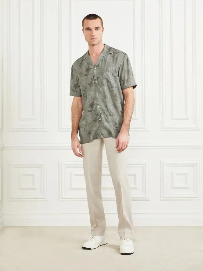 Men GUESS Shirts Eco Billy Bowling Shirt Mossy Green Flower Mimeti