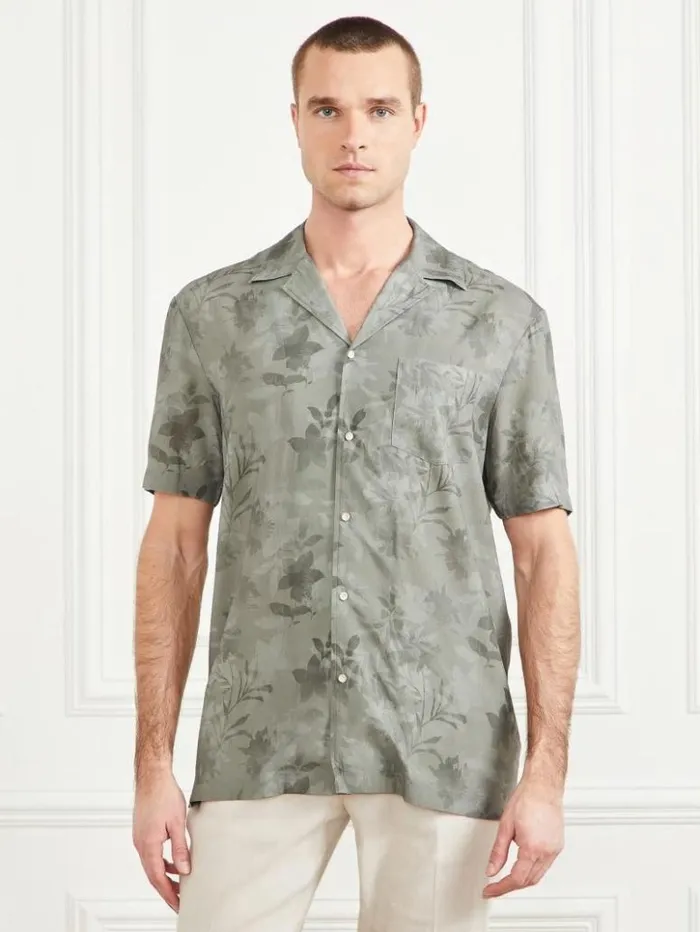 Men GUESS Shirts Eco Billy Bowling Shirt Mossy Green Flower Mimeti