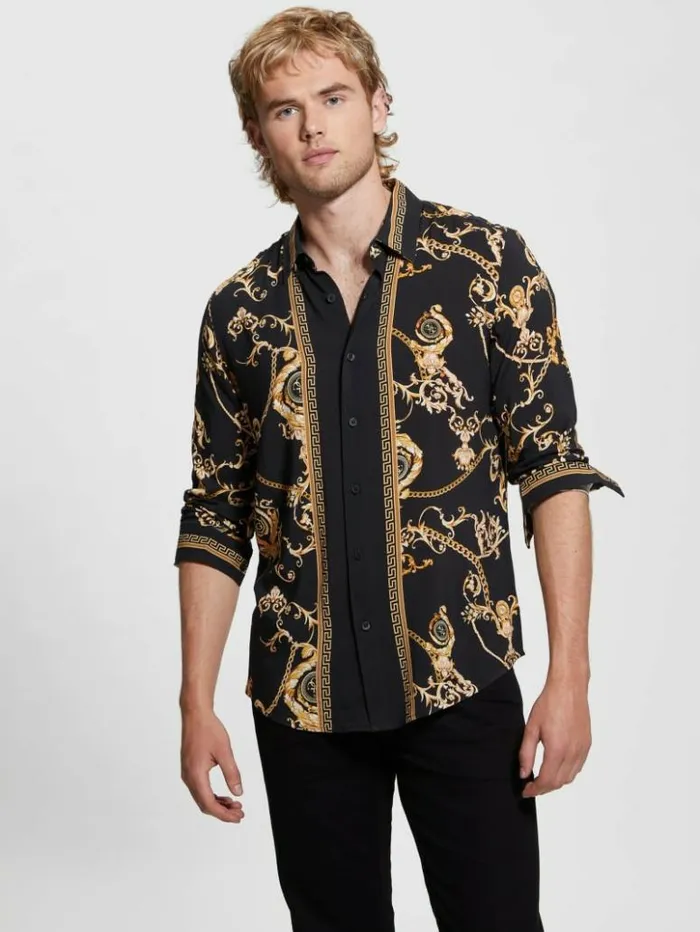 Men GUESS Shirts Eco Gold Chain Shirt Gold Chain Logo