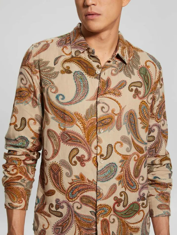 Men GUESS Shirts Eco Island Paisley Linen Shirt Neutral Sand Multi