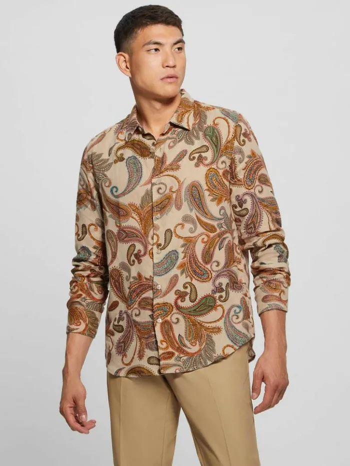 Men GUESS Shirts Eco Island Paisley Linen Shirt Neutral Sand Multi