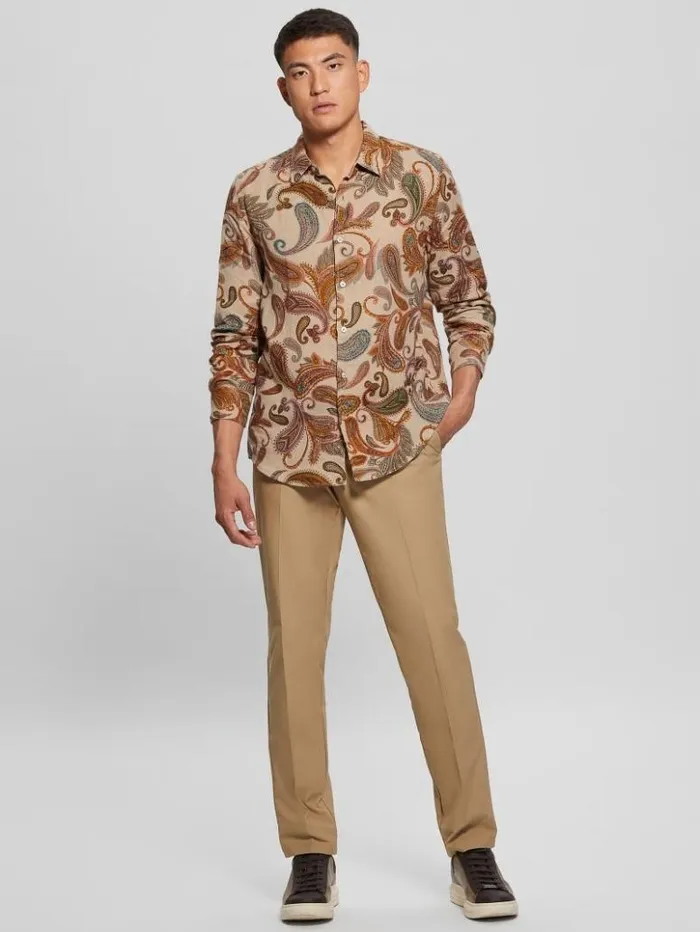 Men GUESS Shirts Eco Island Paisley Linen Shirt Neutral Sand Multi