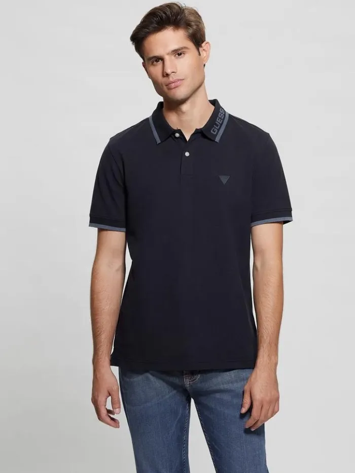 Men GUESS Shirts Eco Lyle Logo Polo Bleu lgant