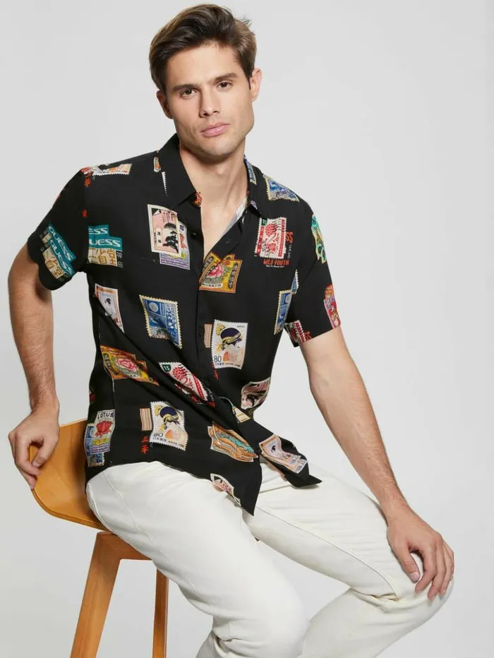 Men GUESS Shirts Eco Post Card Shirt Post Card Collage Jet Bla