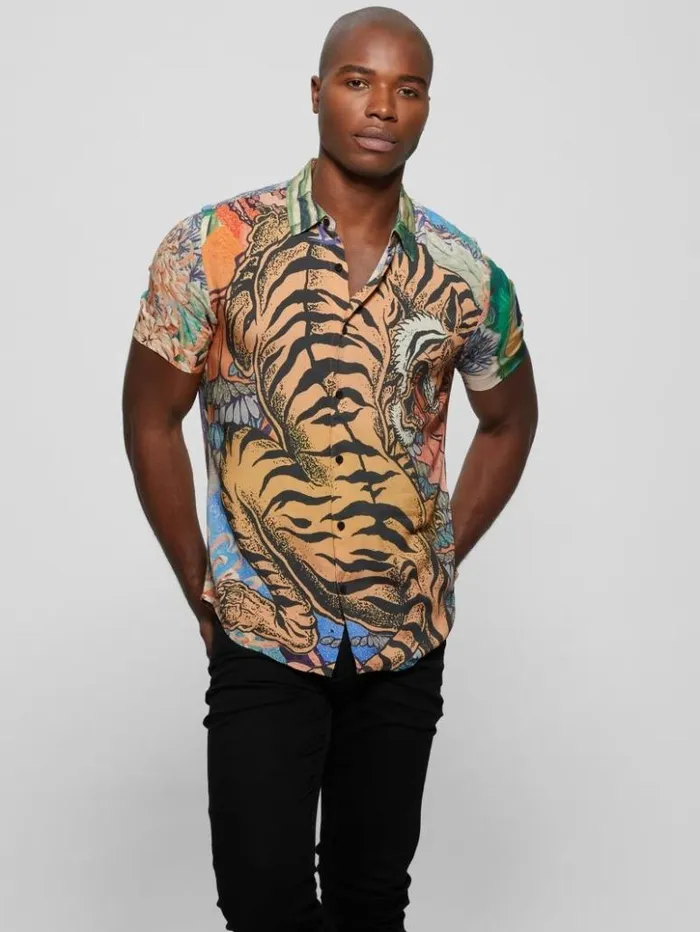 Men GUESS Shirts Eco Rayon Bonsai Tiger Shirt Bonsai Tiger Print
