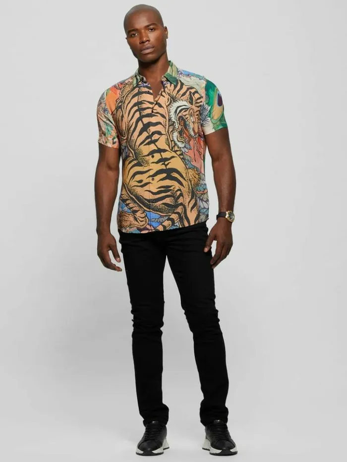 Men GUESS Shirts Eco Rayon Bonsai Tiger Shirt Bonsai Tiger Print