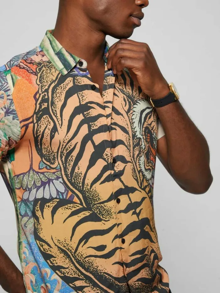 Men GUESS Shirts Eco Rayon Bonsai Tiger Shirt Bonsai Tiger Print