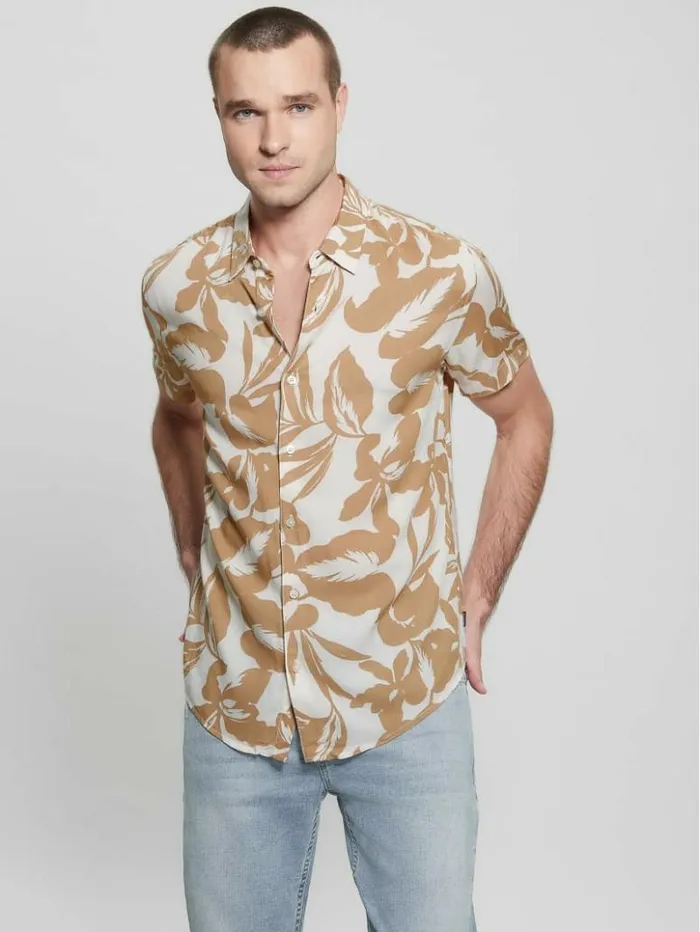 Men GUESS Shirts Eco Rayon Retro Palm Shirt Retro Palm Tan