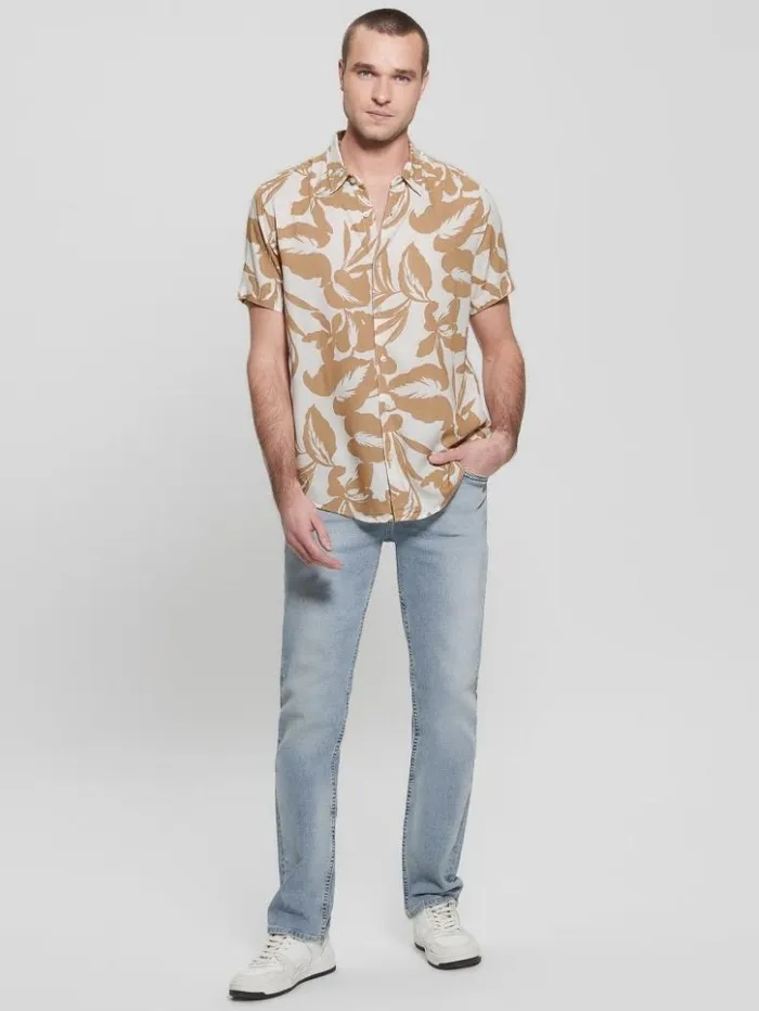 Men GUESS Shirts Eco Rayon Retro Palm Shirt Retro Palm Tan