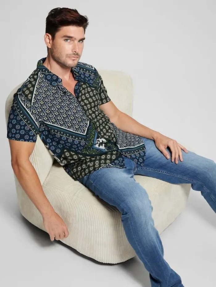 Men GUESS Shirts Eco Rayon Scarf Shirt Geo Tile Scarf