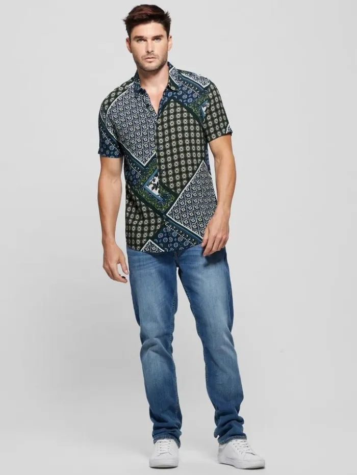 Men GUESS Shirts Eco Rayon Scarf Shirt Geo Tile Scarf