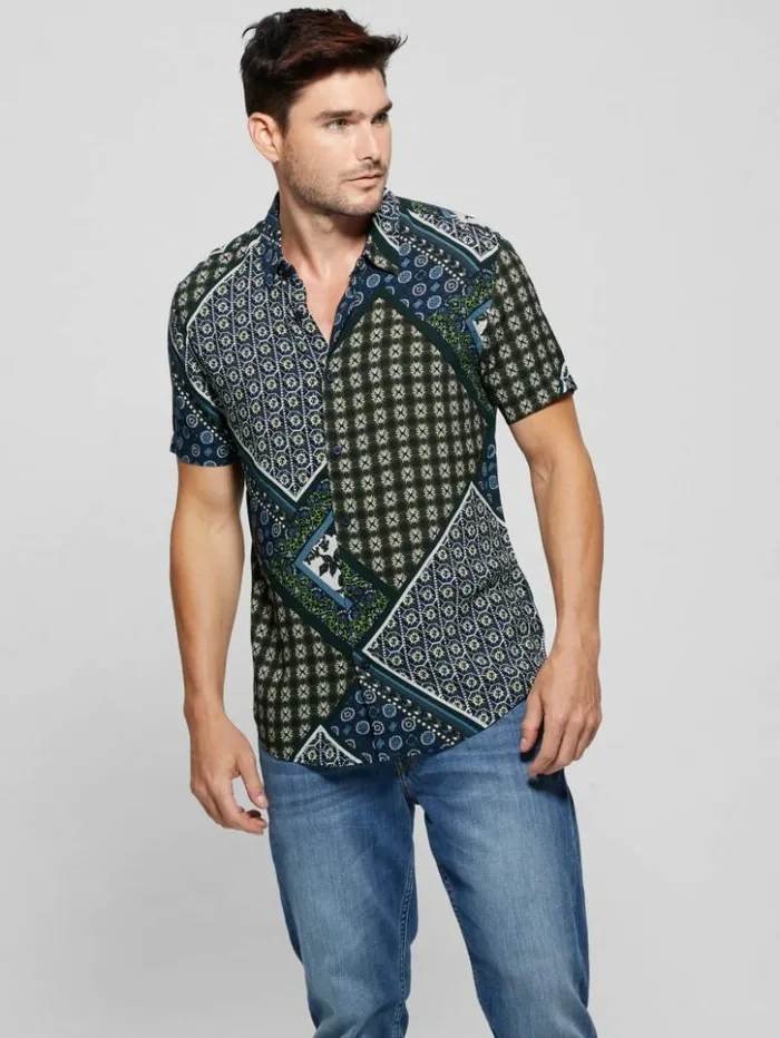 Men GUESS Shirts Eco Rayon Scarf Shirt Geo Tile Scarf