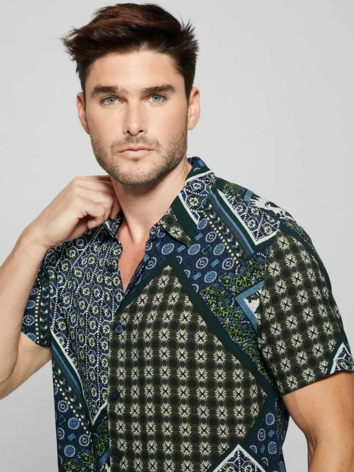 Men GUESS Shirts Eco Rayon Scarf Shirt Geo Tile Scarf