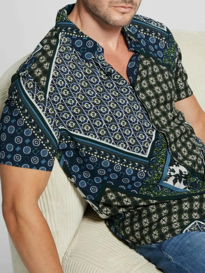 Men GUESS Shirts Eco Rayon Scarf Shirt Geo Tile Scarf