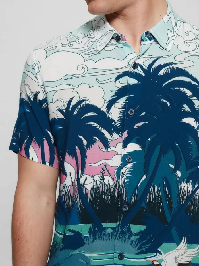 Men GUESS Shirts Eco Rayon Scenic Japan Japanese Scenic Print