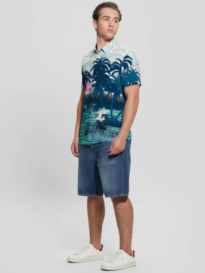 Men GUESS Shirts Eco Rayon Scenic Japan Japanese Scenic Print