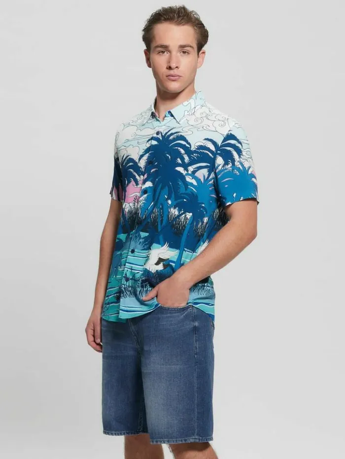 Men GUESS Shirts Eco Rayon Scenic Japan Japanese Scenic Print