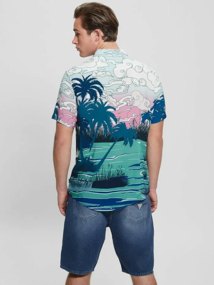 Men GUESS Shirts Eco Rayon Scenic Japan Japanese Scenic Print