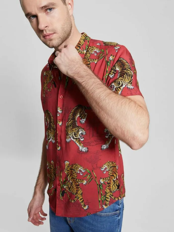 Men GUESS Shirts Eco Rayon Tiger Bamboo Shirt Tiger Bamboo