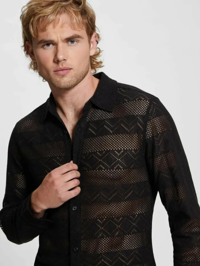 Men GUESS Shirts Geo Crochet Shirt Black
