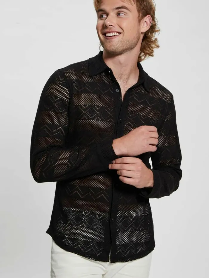 Men GUESS Shirts Geo Crochet Shirt Black