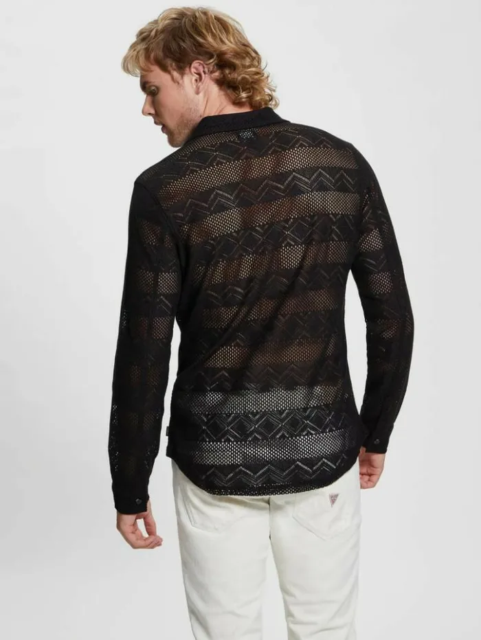 Men GUESS Shirts Geo Crochet Shirt Black