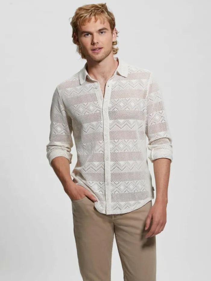 Men GUESS Shirts Geo Crochet Shirt Muted Stone