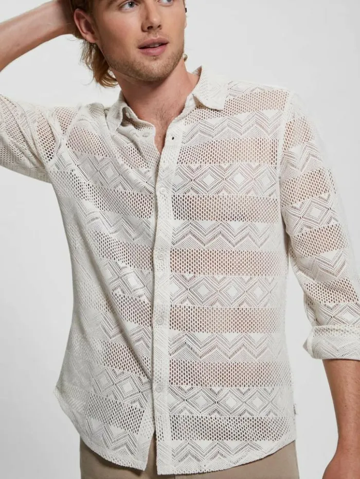 Men GUESS Shirts Geo Crochet Shirt Muted Stone
