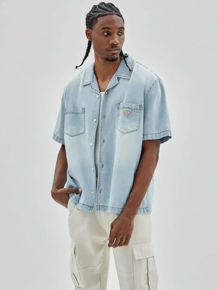 Men GUESS Shirts GUESS Originals Denim Camp Shirt Go Lt Wash Denim Shirt