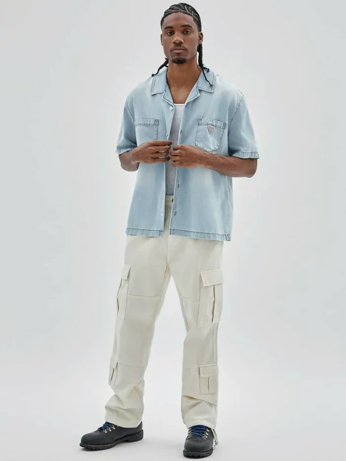 Men GUESS Shirts GUESS Originals Denim Camp Shirt Go Lt Wash Denim Shirt