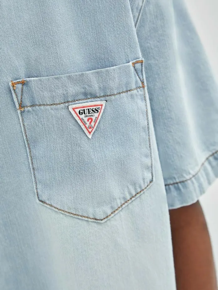Men GUESS Shirts GUESS Originals Denim Camp Shirt Go Lt Wash Denim Shirt